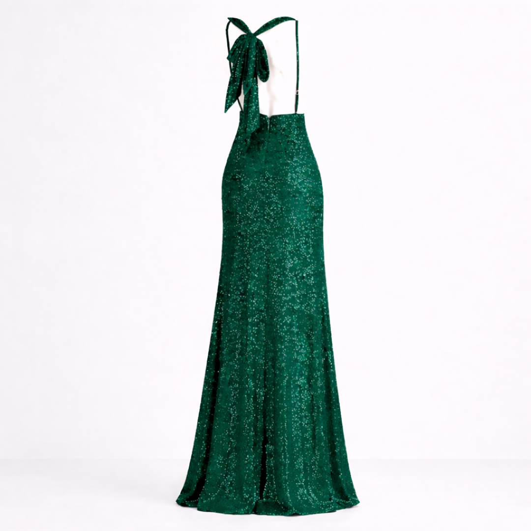 Women’s Hunter Green Sequin Maxi Dress - Cowl Drape