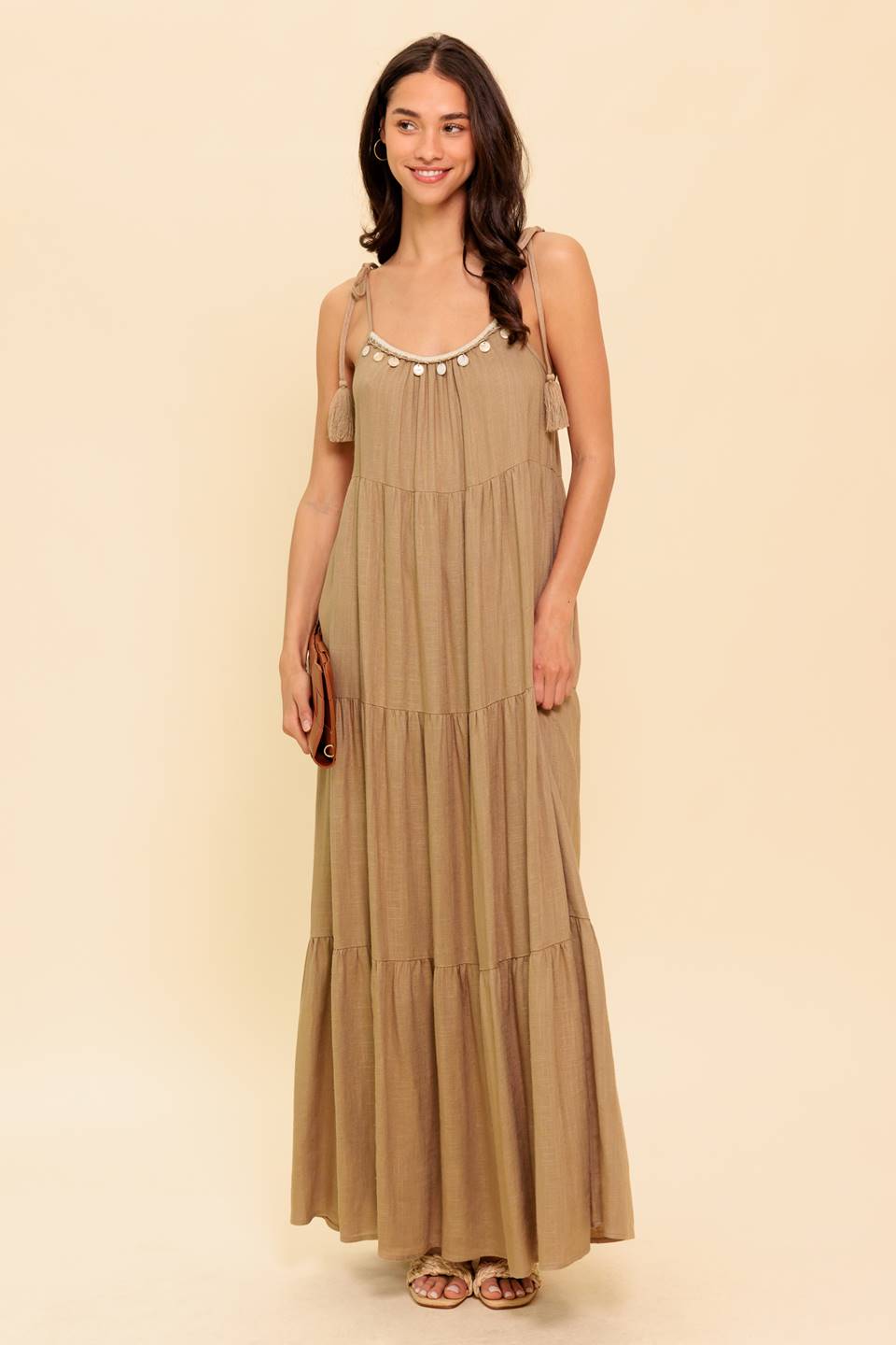 World of Possibilities Taupe Woven Maxi Dress