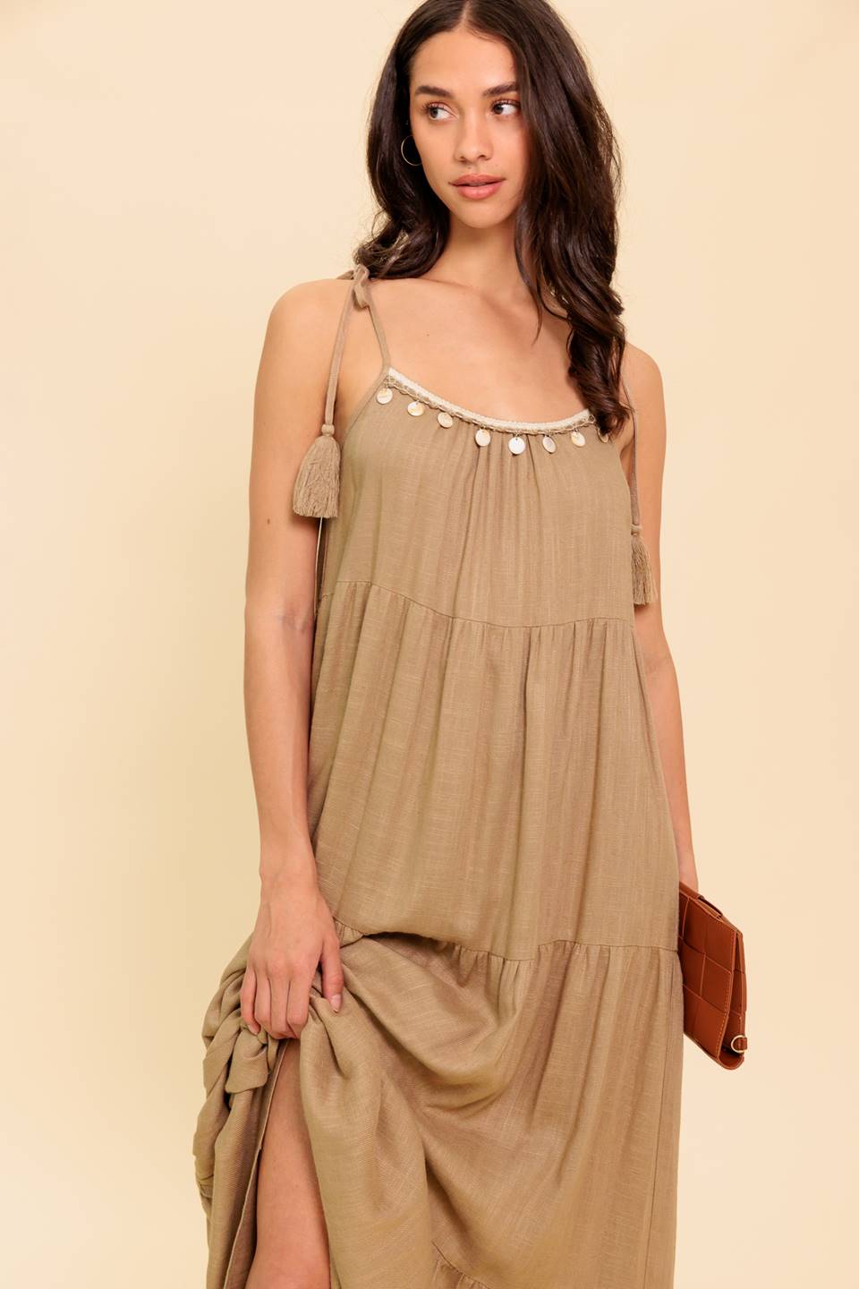 World of Possibilities Taupe Woven Maxi Dress