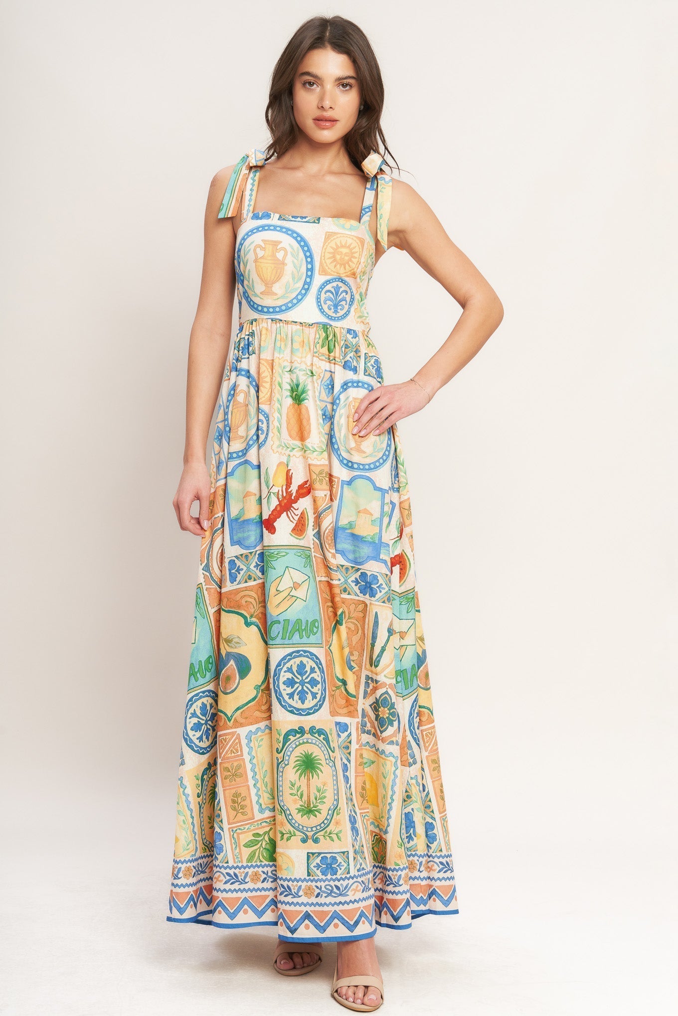 Amalfi Postcard-Print Woven Maxi Dress