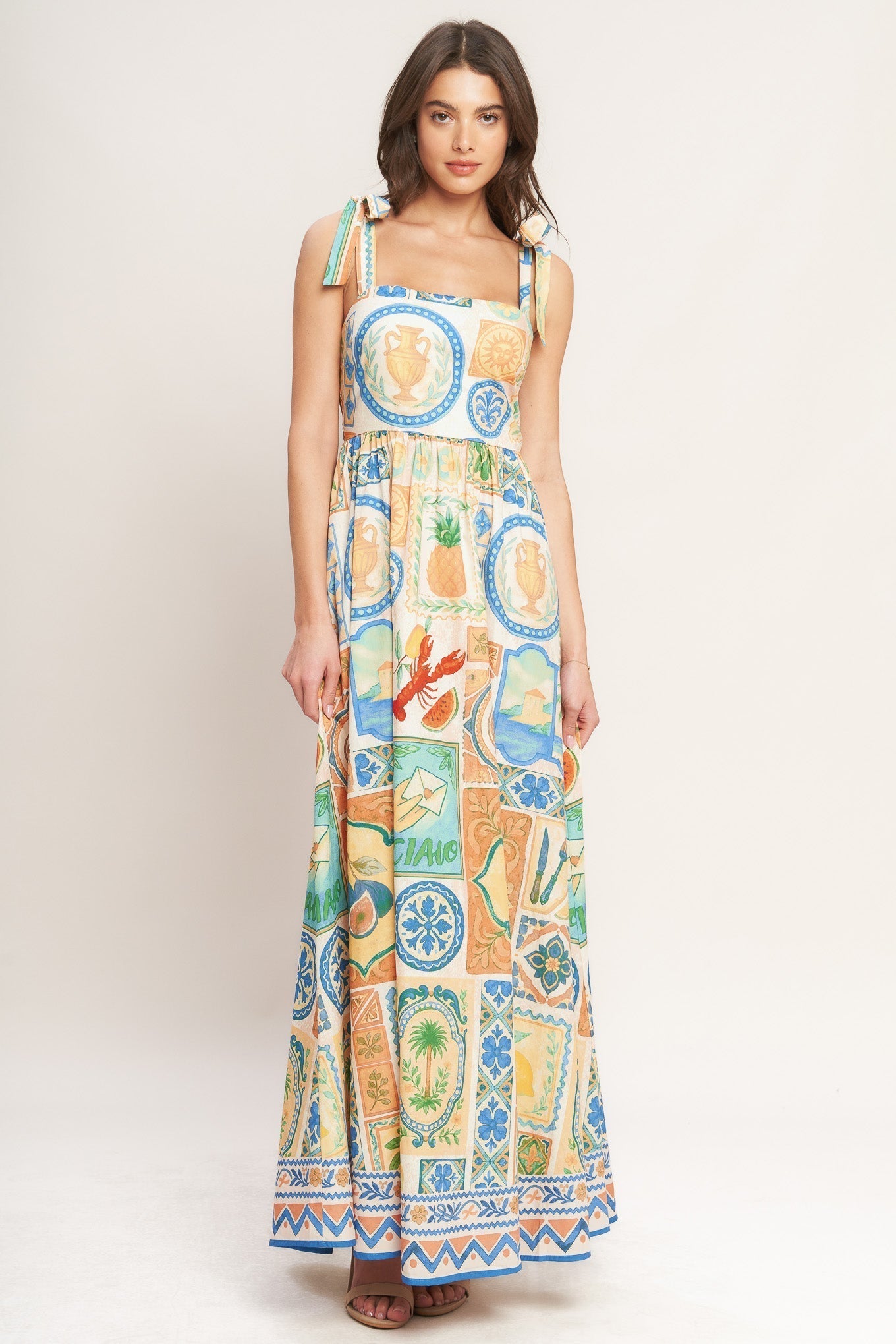 Amalfi Postcard-Print Woven Maxi Dress
