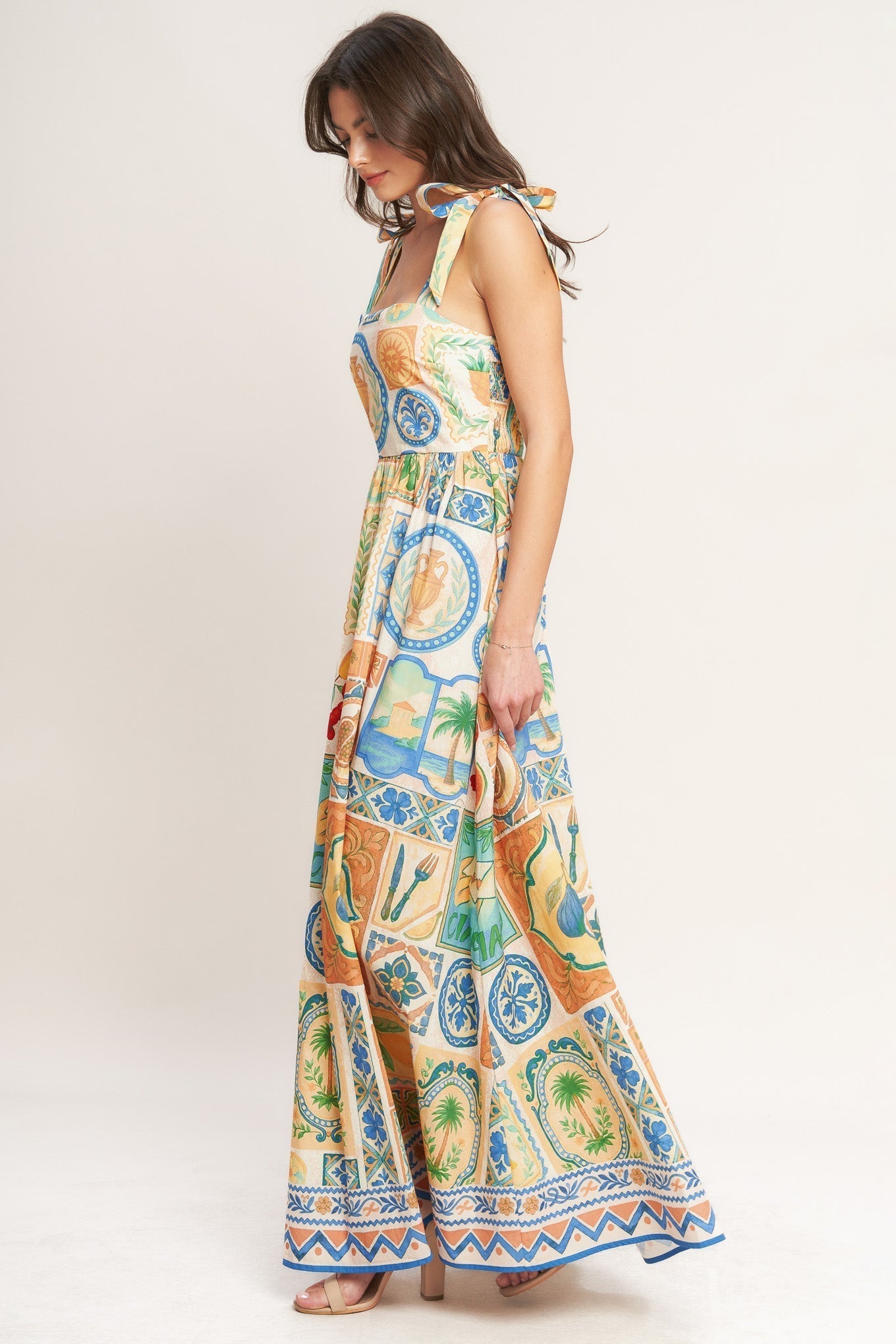 Amalfi Postcard-Print Woven Maxi Dress
