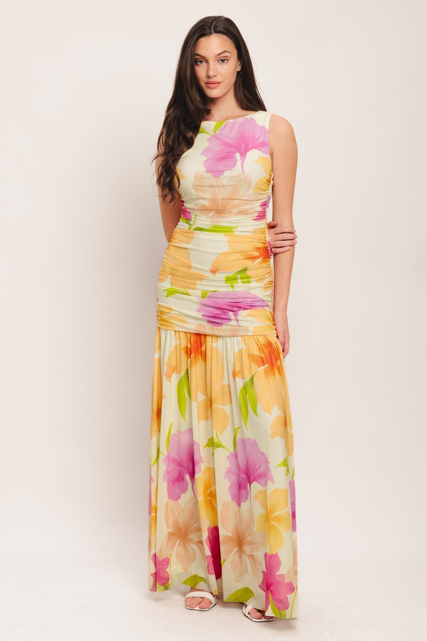 Warm Breeze Blooms Floral Power Mesh Maxi Dress