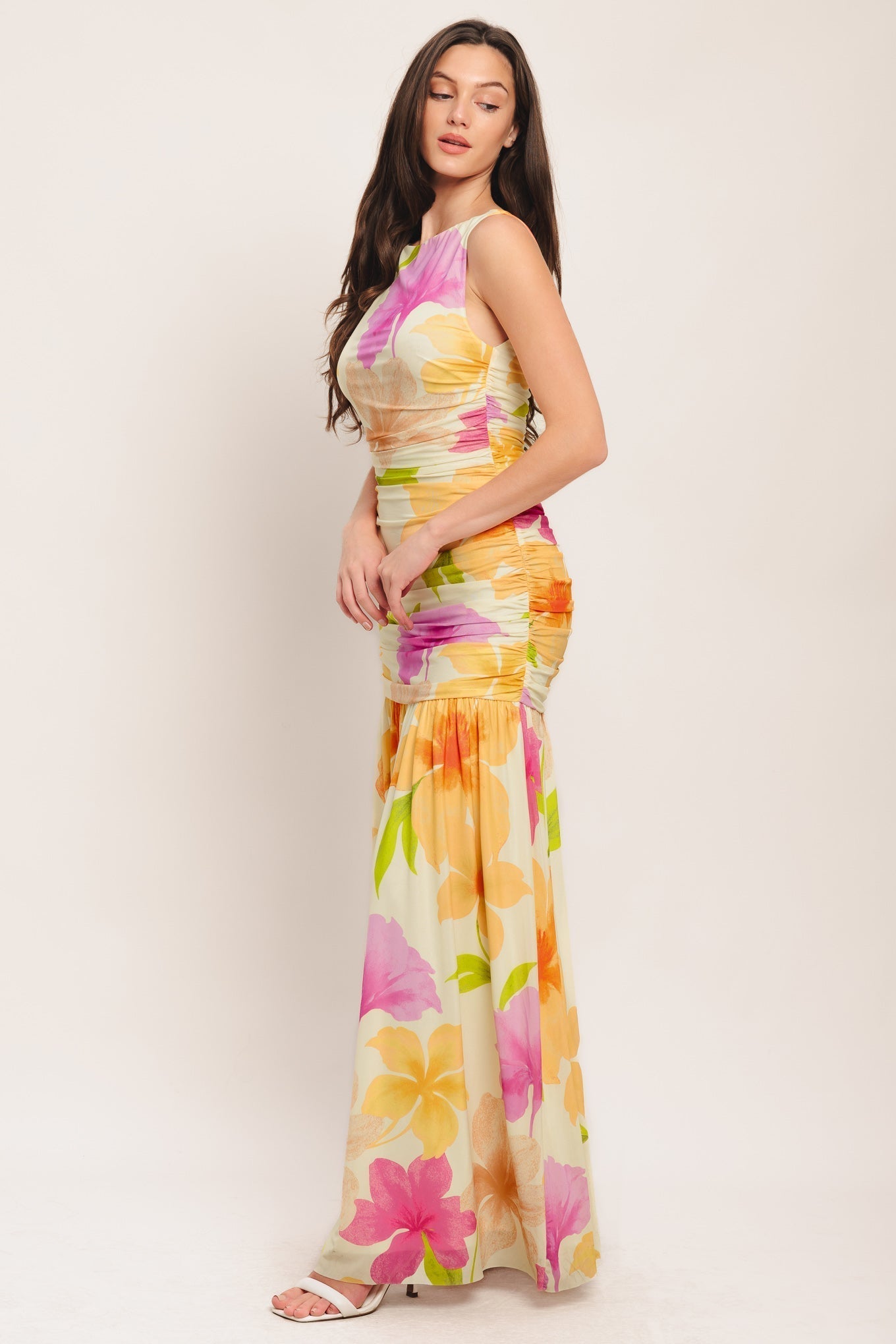 Warm Breeze Blooms Floral Power Mesh Maxi Dress
