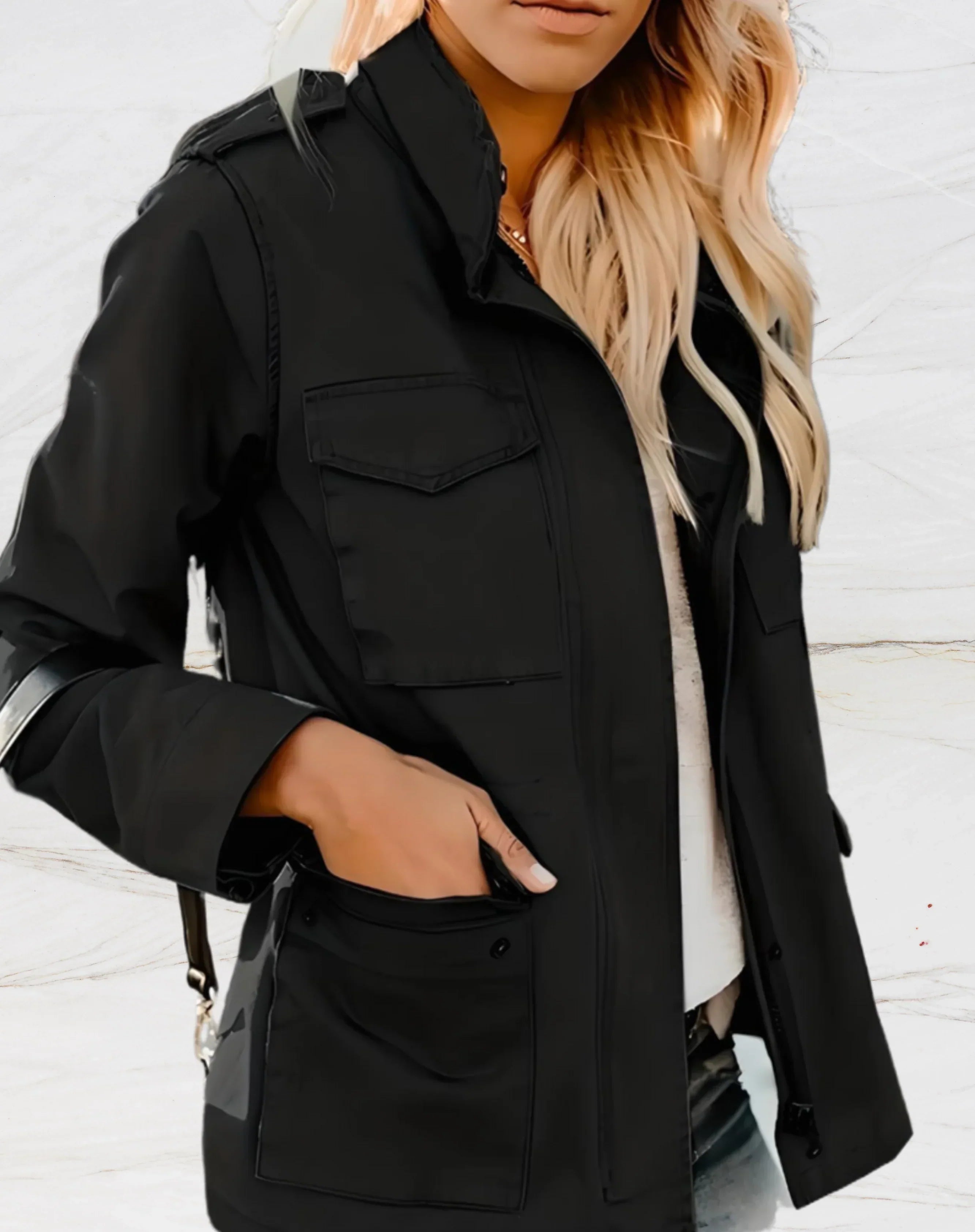 Women's Zip-Up Jacket with Buttons and Pockets