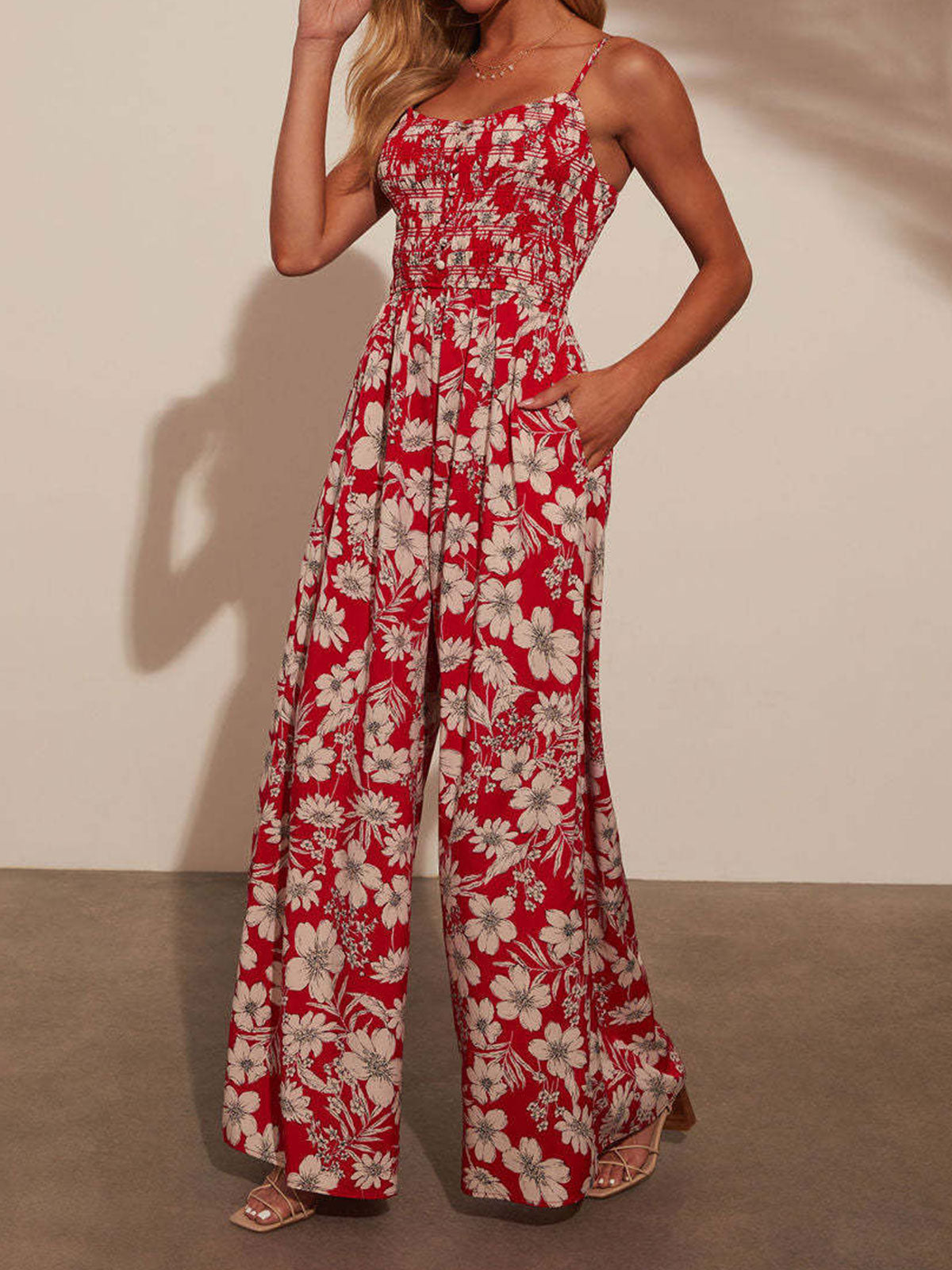 Boho Floral Smocked Sleeveless Pocket Trim Resort Wide Leg Jumpsuit