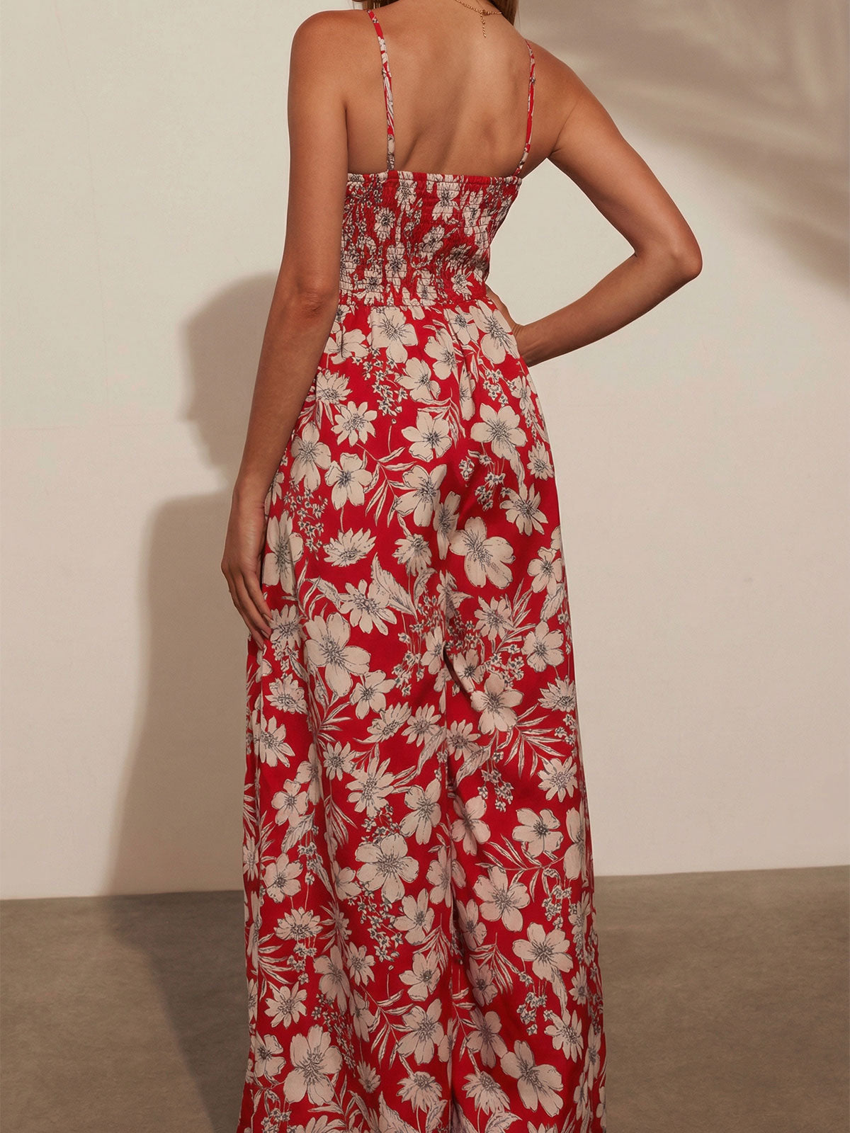 Boho Floral Smocked Sleeveless Pocket Trim Resort Wide Leg Jumpsuit