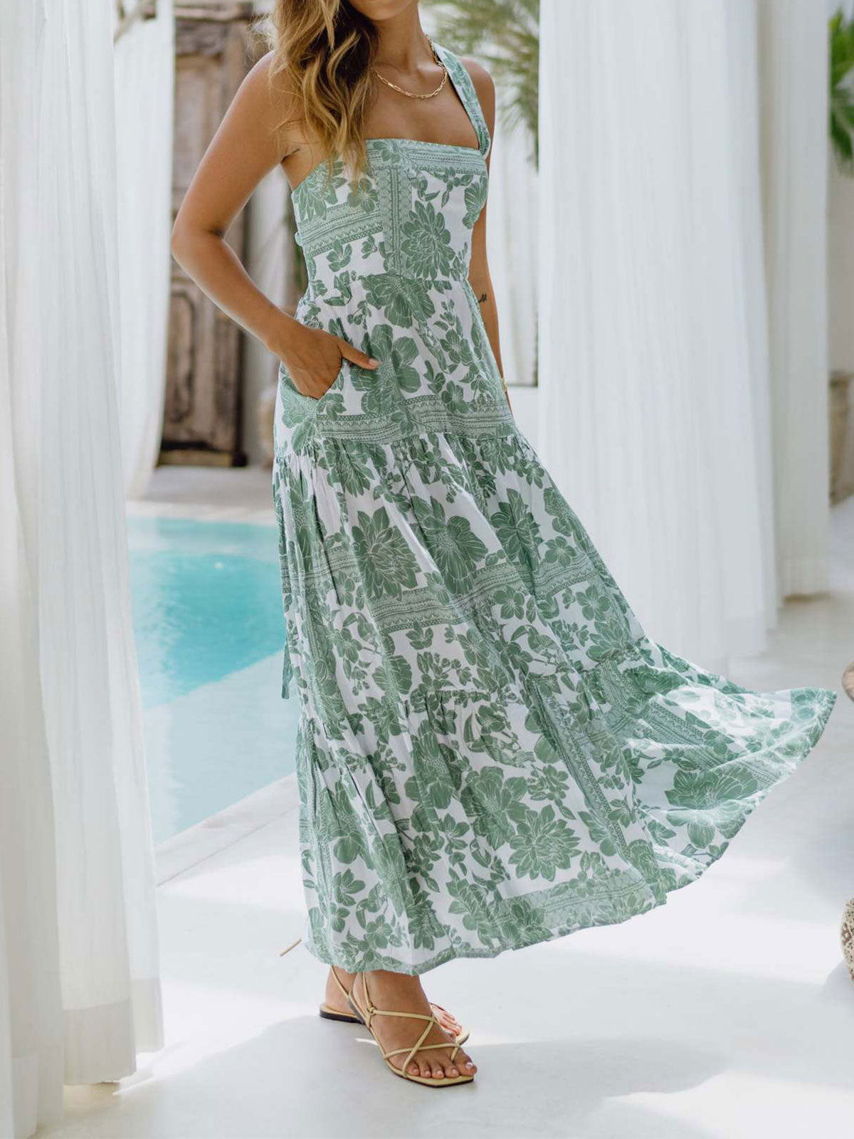 Boho Floral Square Neck Pocket Trim Resort Tiered Maxi Sundress
