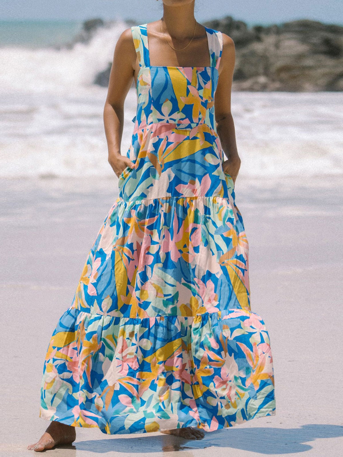 Boho Floral Square Neck Pocket Trim Resort Tiered Maxi Sundress