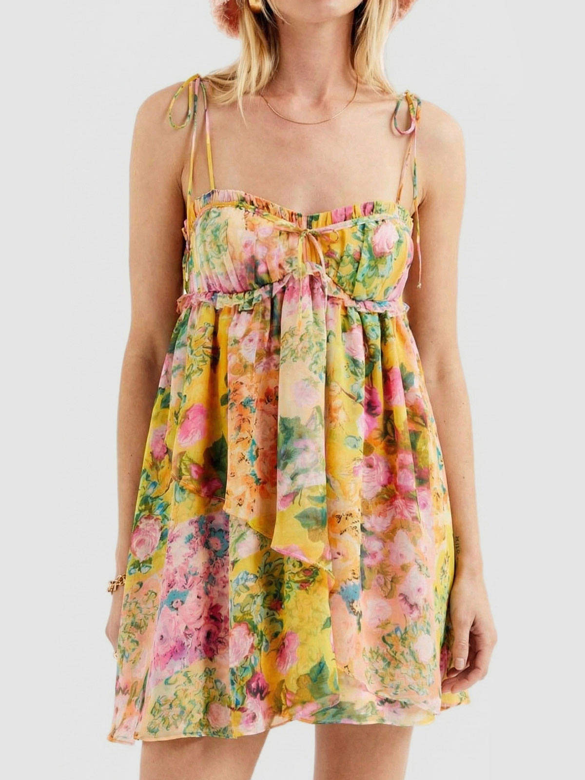 Boho Floral Tie Shoulder Resort Chiffon Babydoll Micro Mini Dress