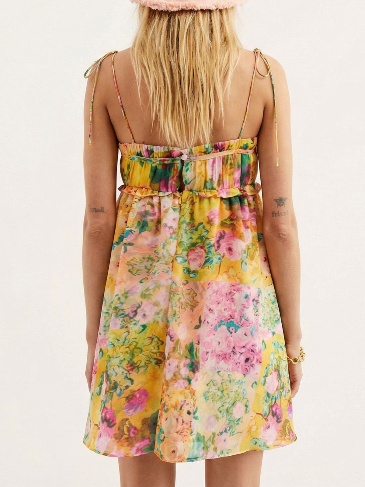 Boho Floral Tie Shoulder Resort Chiffon Babydoll Micro Mini Dress