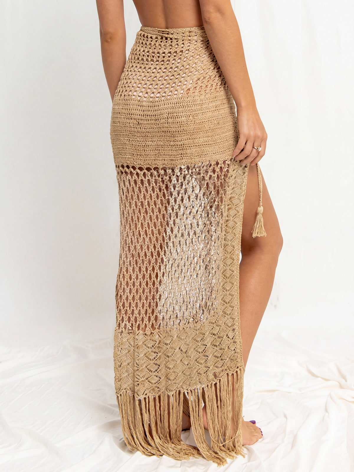 Boho Fringe Waist Tie Split Beach Crochet Knit Cover Up Maxi Sarong