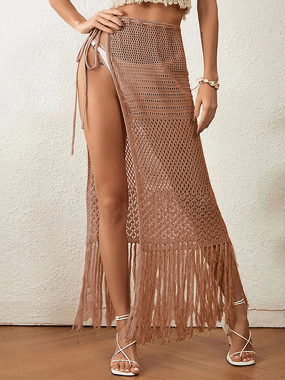 Boho Tie Waist Slit Fringe Beach Crochet Knit Cover Up Midi Sarong