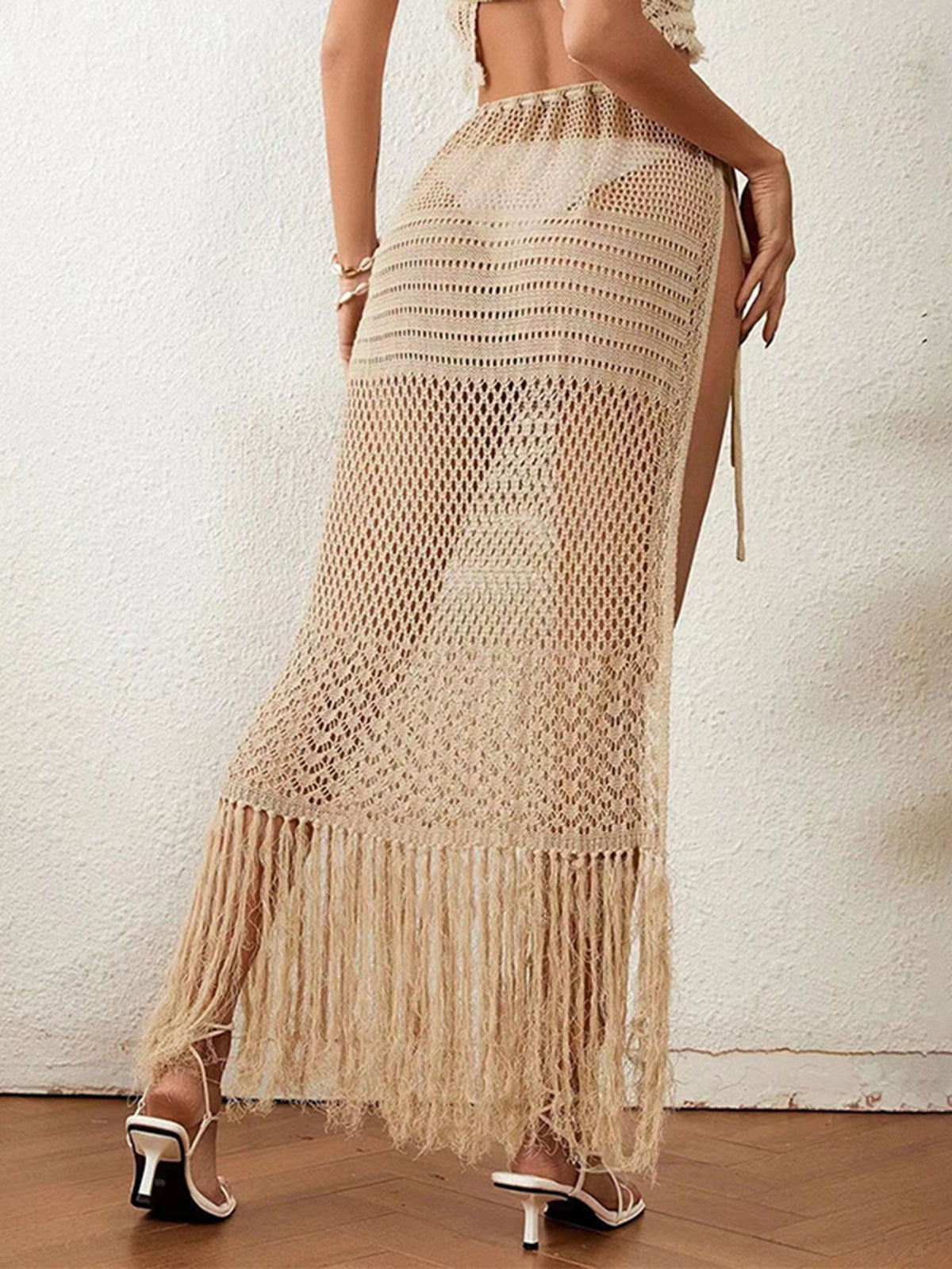 Boho Tie Waist Slit Fringe Beach Crochet Knit Cover Up Midi Sarong