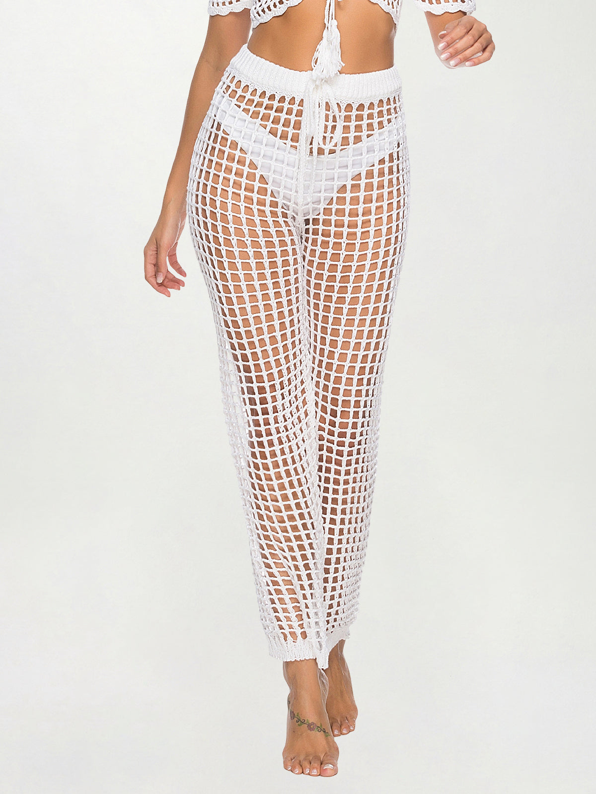 Boho Tie Waist Straight Leg Beach Crochet Knit Cover Up Pants