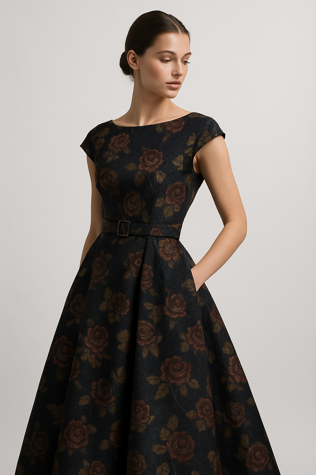 "Rose Royale" Jacquard Belted Maxi Dress