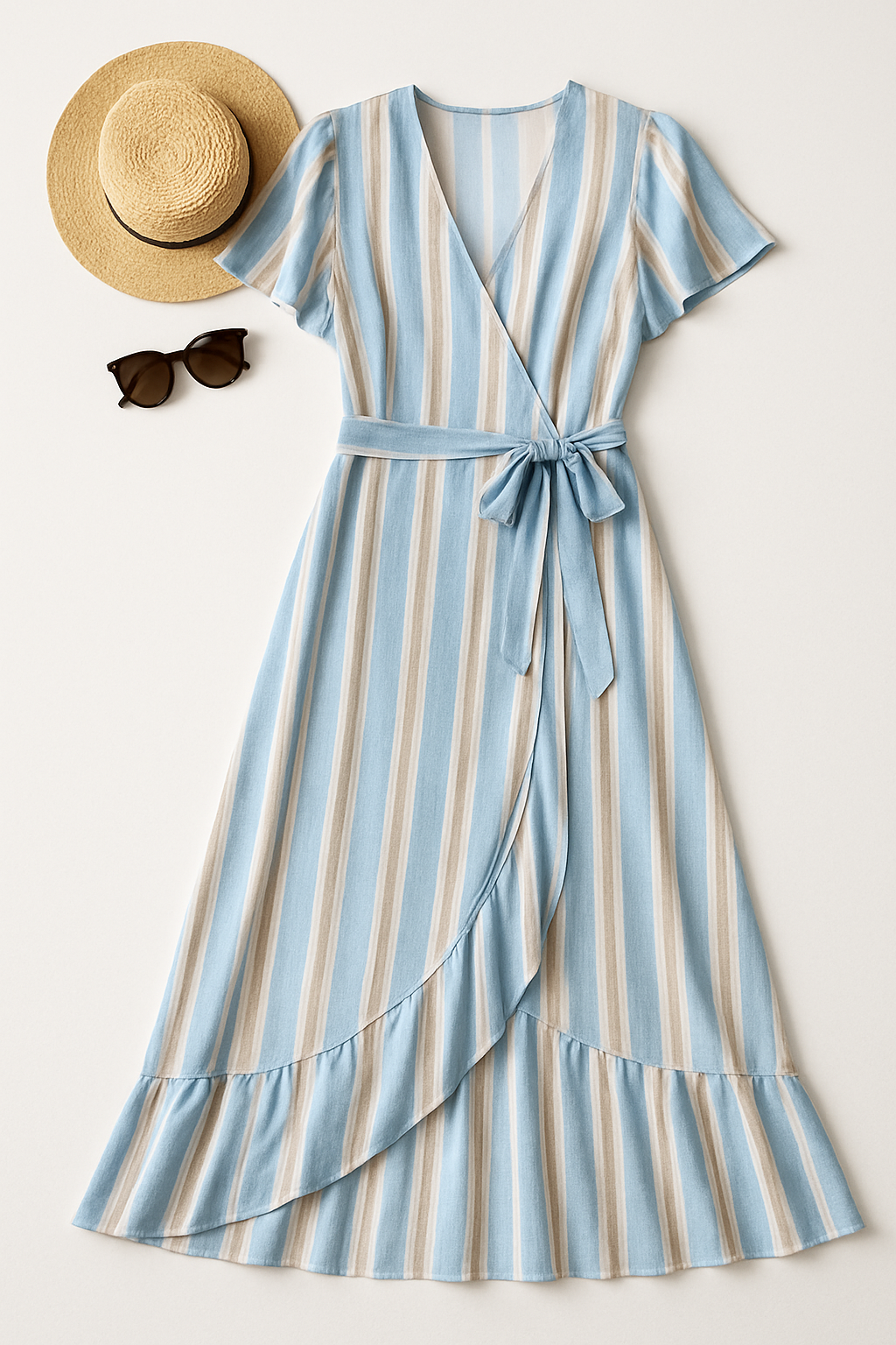 Coastal Breeze Striped Wrap Maxi Dress - Flat Lay
