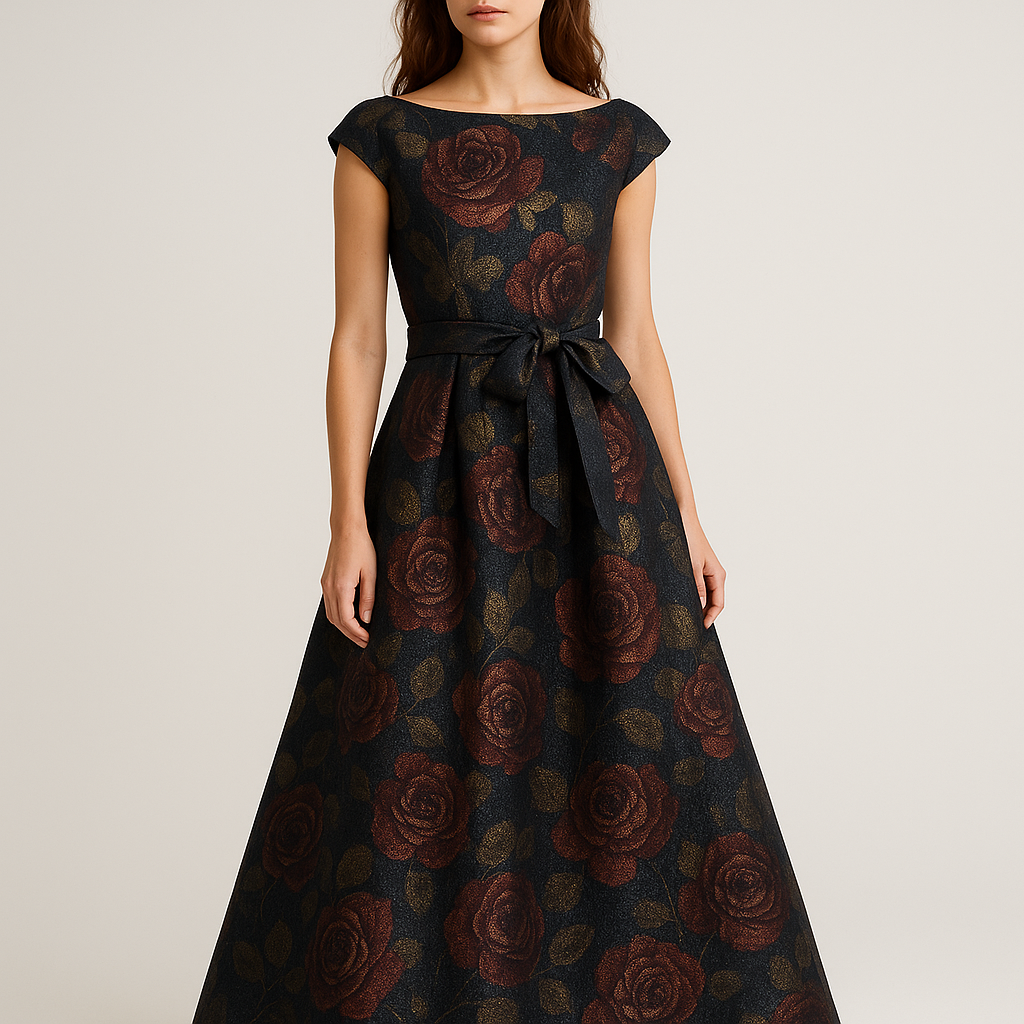 "Rose Royale" Jacquard Belted Maxi Dress