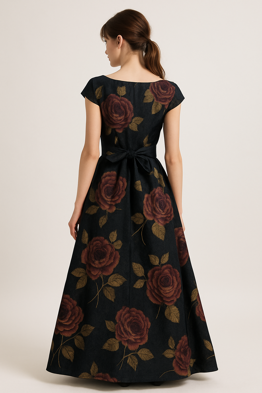 "Rose Royale" Jacquard Belted Maxi Dress