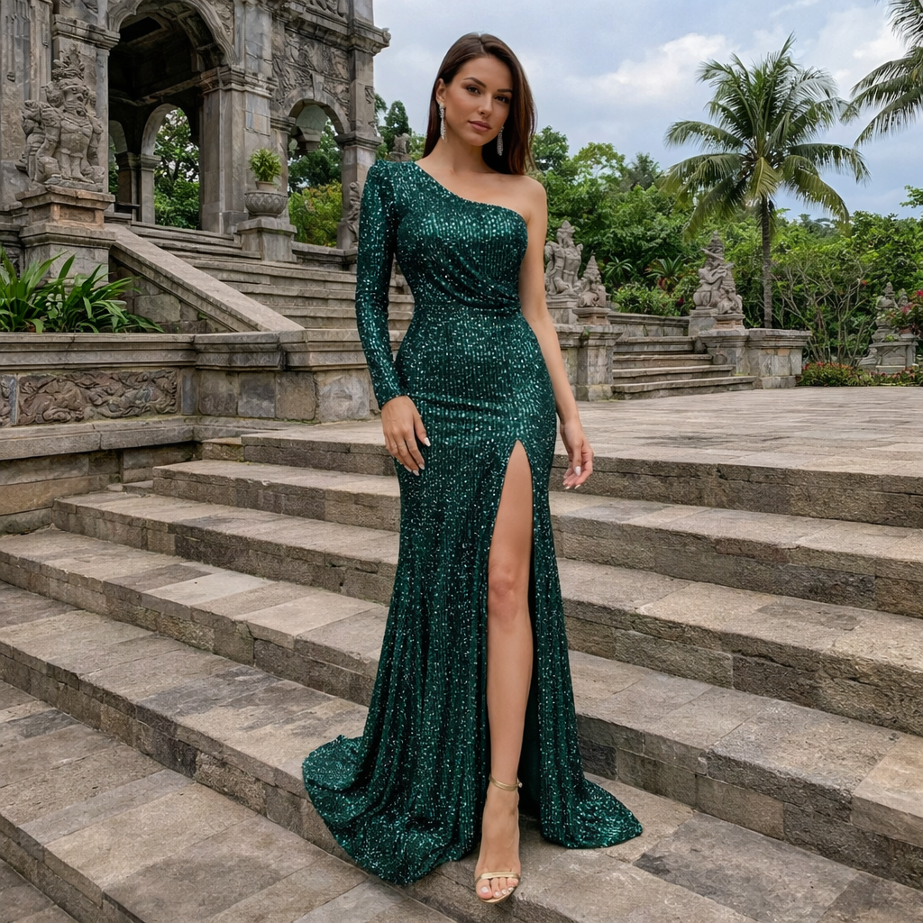 Women’s Emerald One Shoulder Maxi Dress - Light-Reflective Detail
