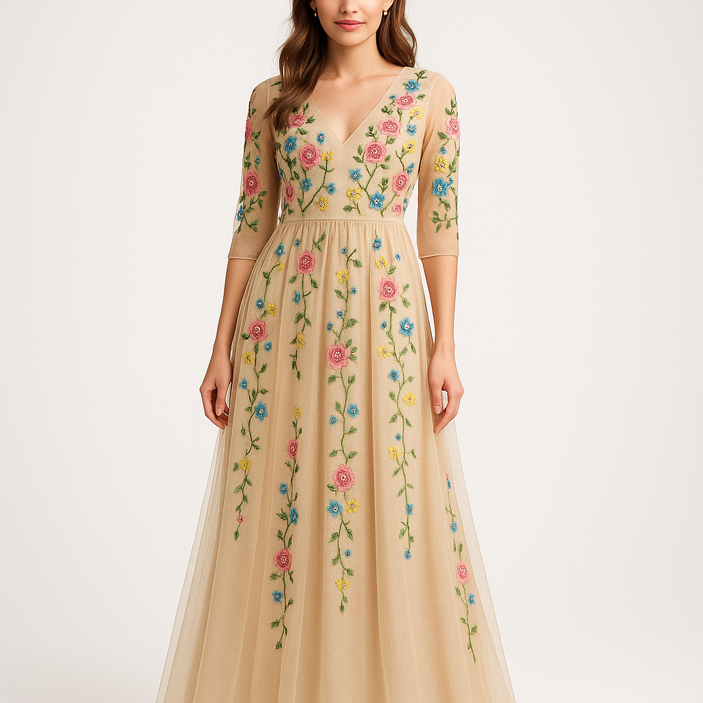 Enchanted Bloom Embroidered Floral Maxi Dress - Front View