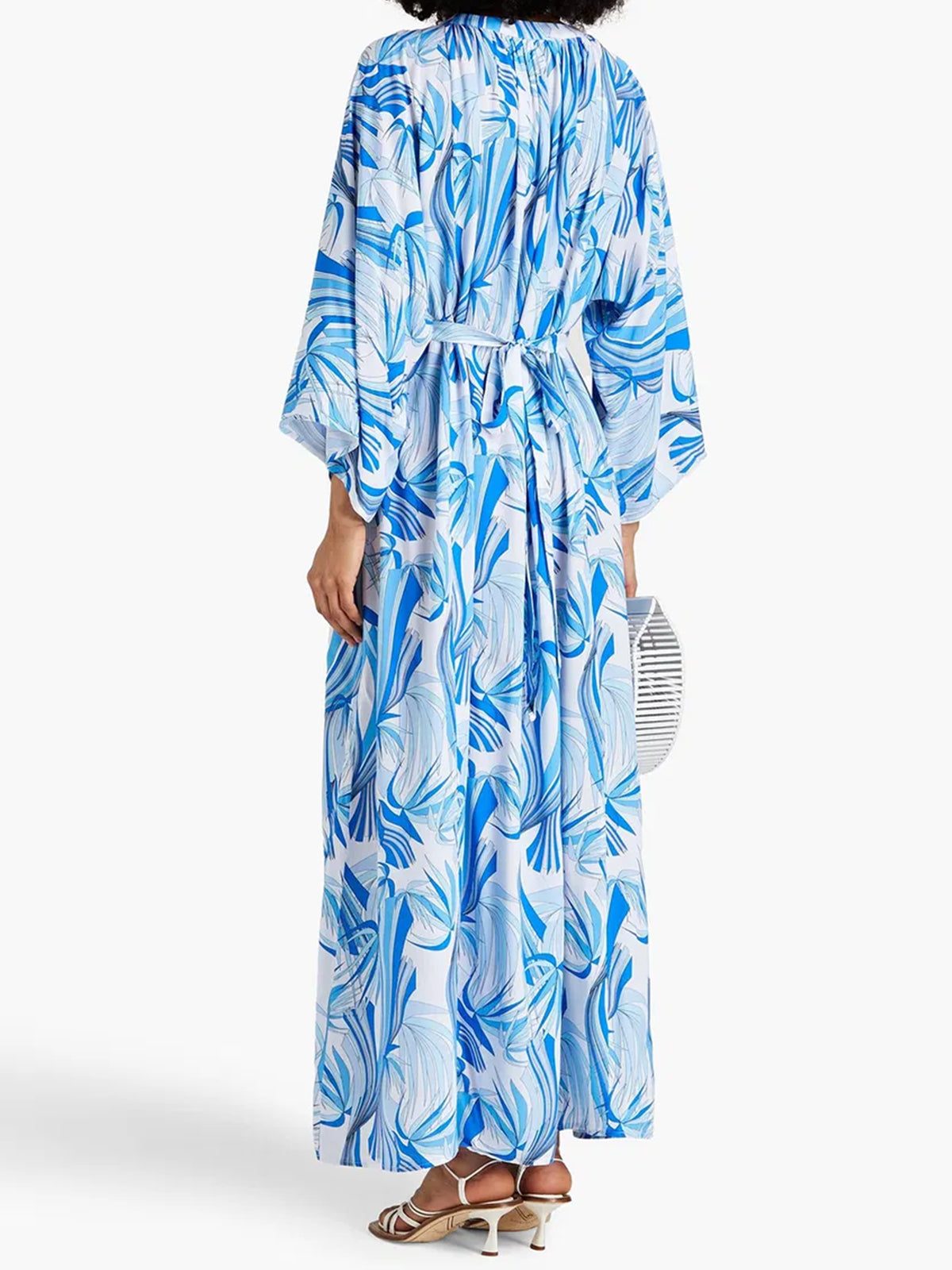 Resort Leaf Print Lace Up V Neck Oversized Wide Sleeve Maxi Dress