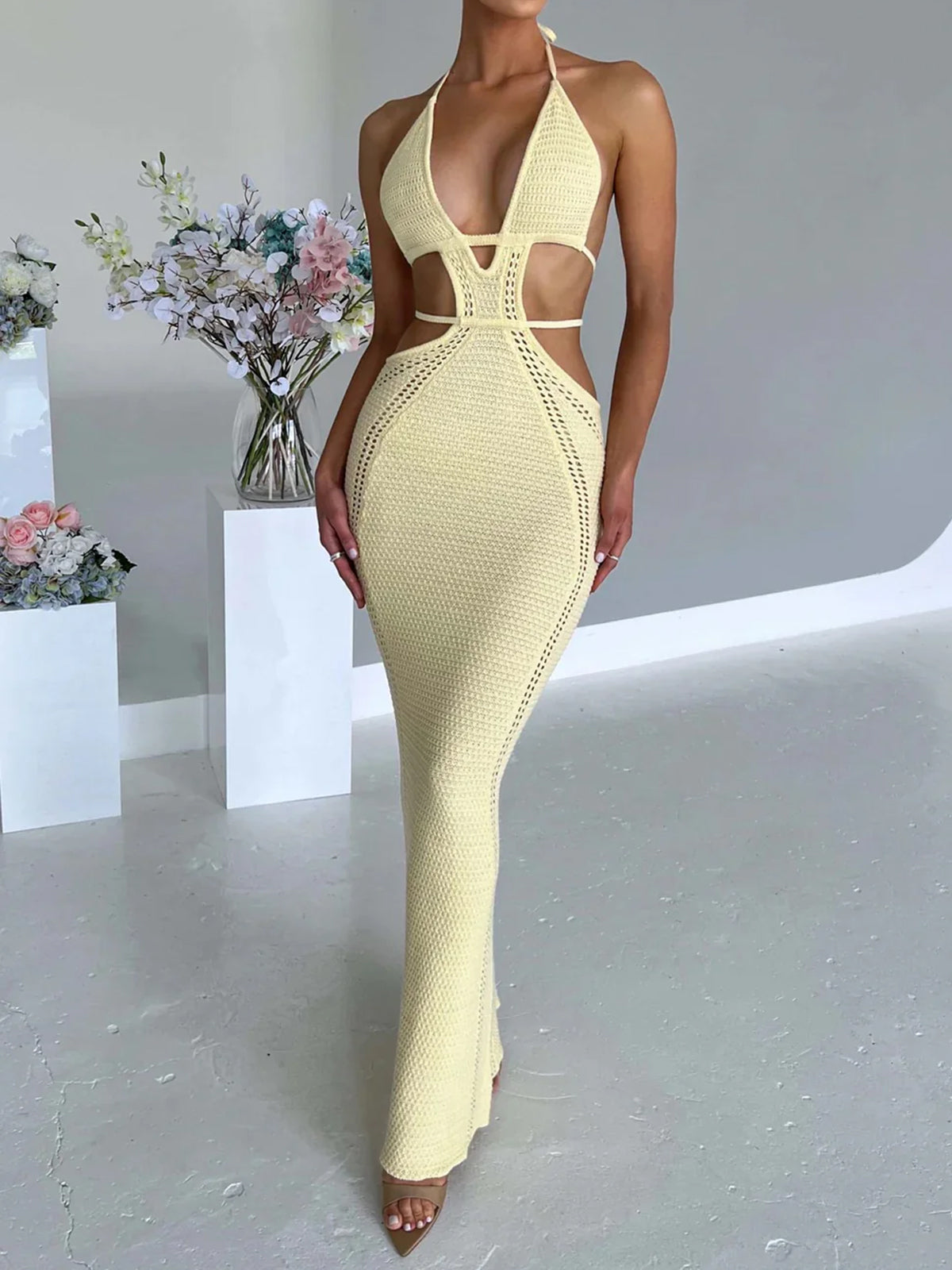 Sexy Plunge Halter Tie Backless Cutout Beach Crochet Knit Maxi Dress