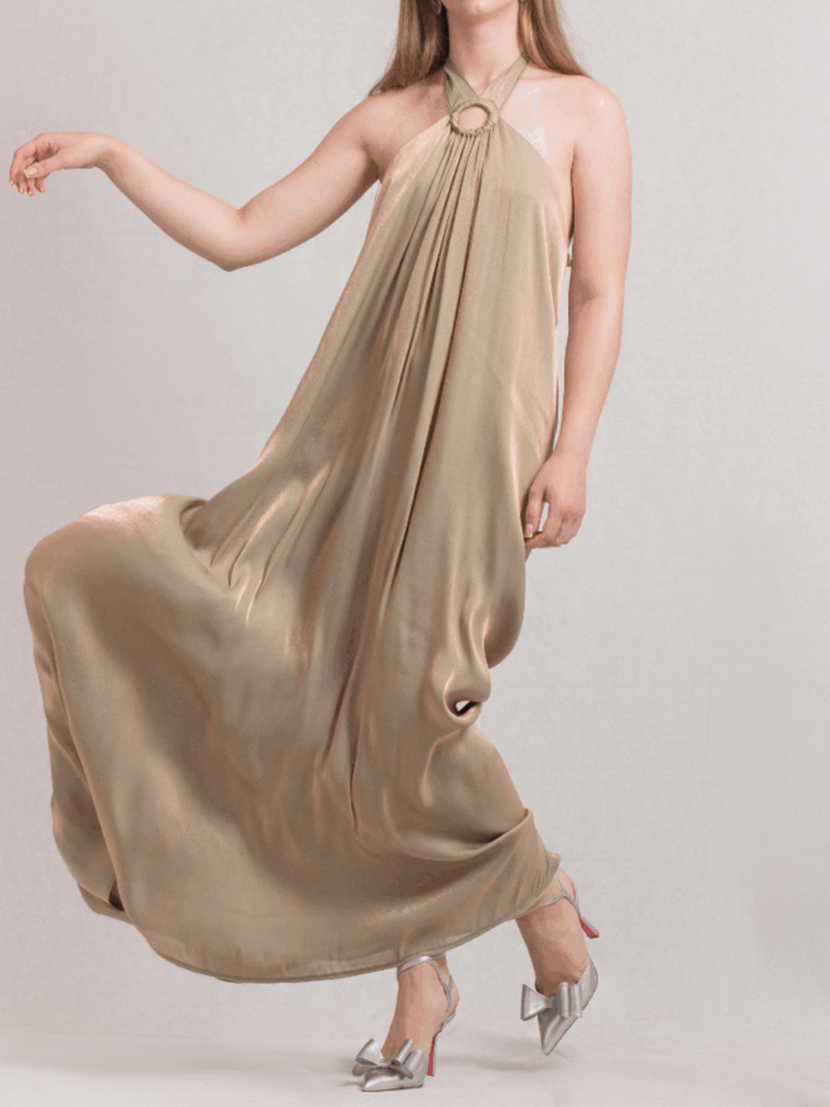 Silky O Ring Halter Neck Resort Oversized A Line Maxi Dress