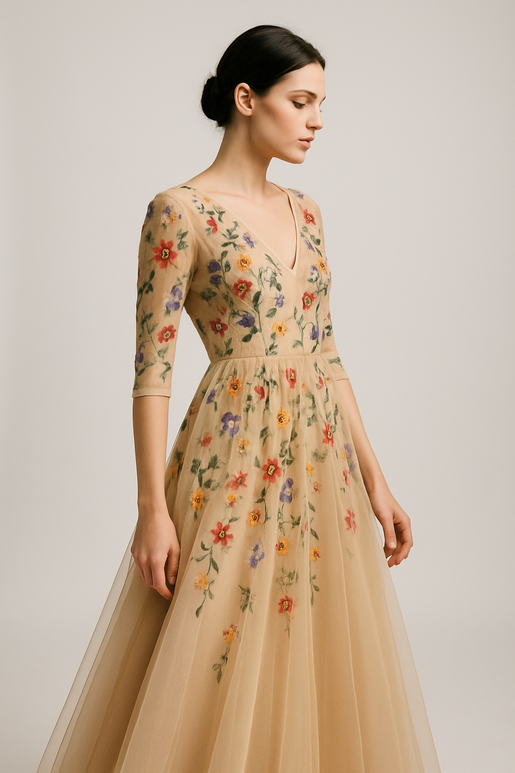 Enchanted Bloom Embroidered Floral Maxi Dress - Side Angle