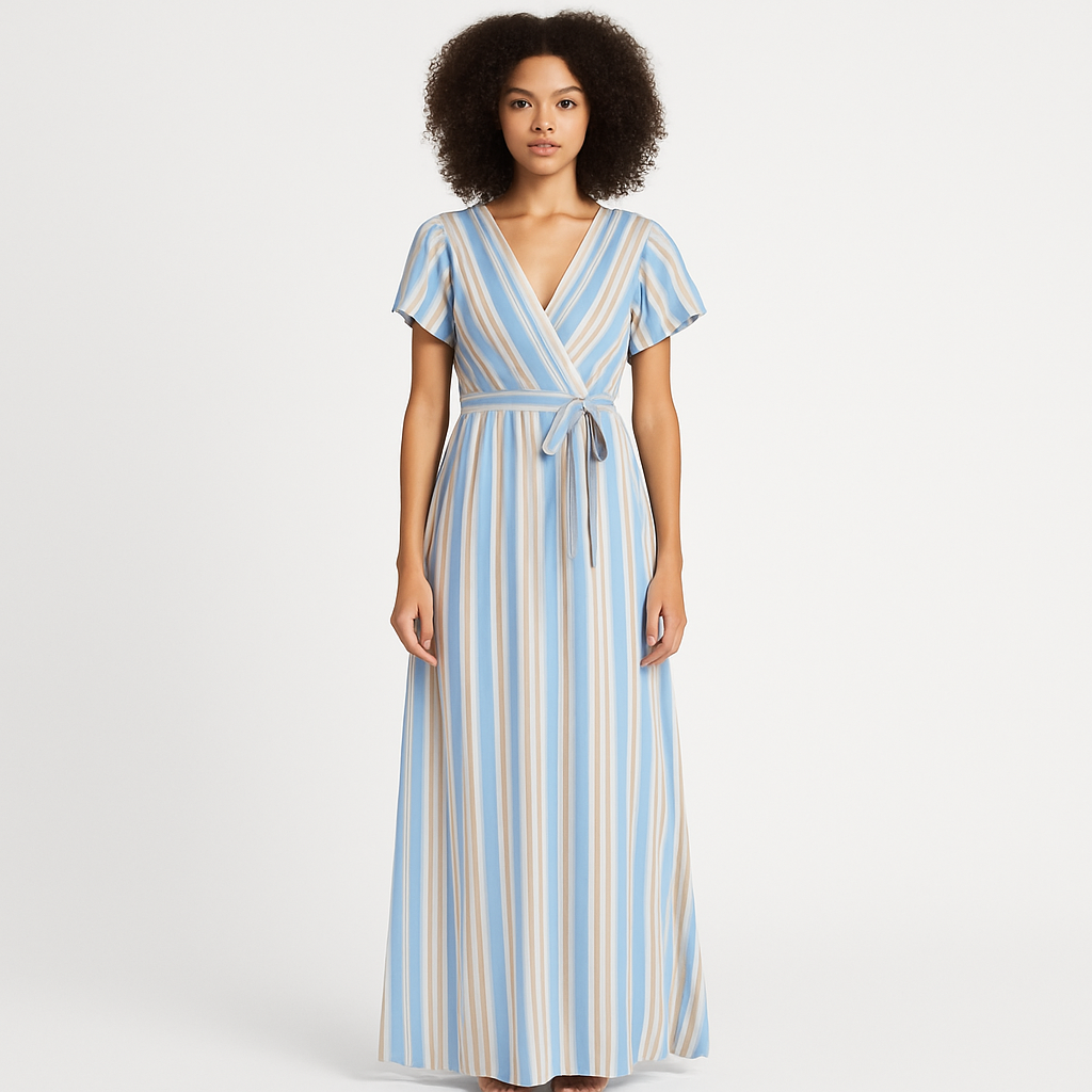 Coastal Breeze Striped Wrap Maxi Dress - Front View