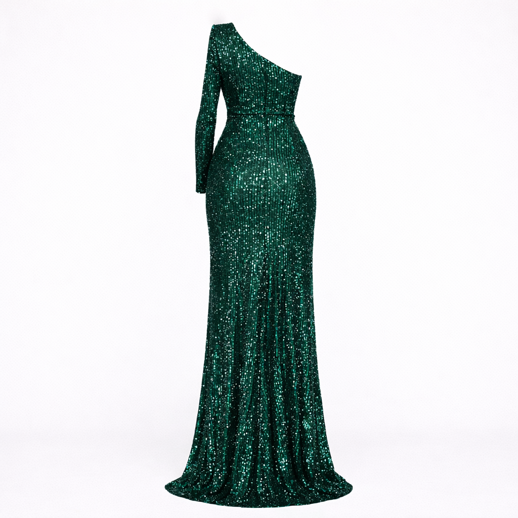 Women’s Emerald One Shoulder Maxi Dress - Light-Reflective Detail